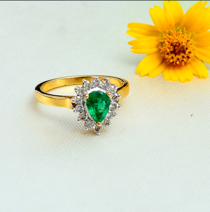 18KT Yellow Gold Diamond and Pear Emerald Ring