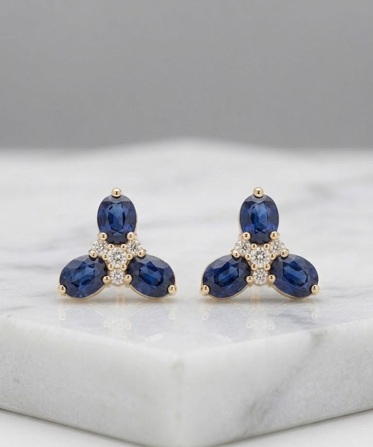 18KT Yellow Gold Diamond and Oval Blue Sapphire Earring