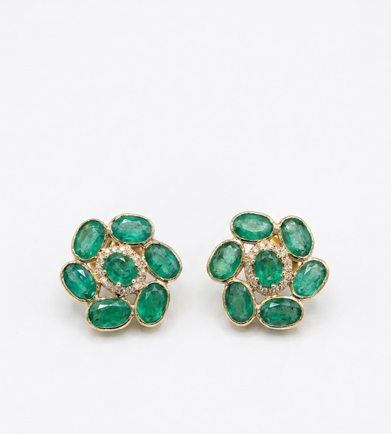 18KT Yellow Gold Diamond and Oval Emerald Flower Earrings
