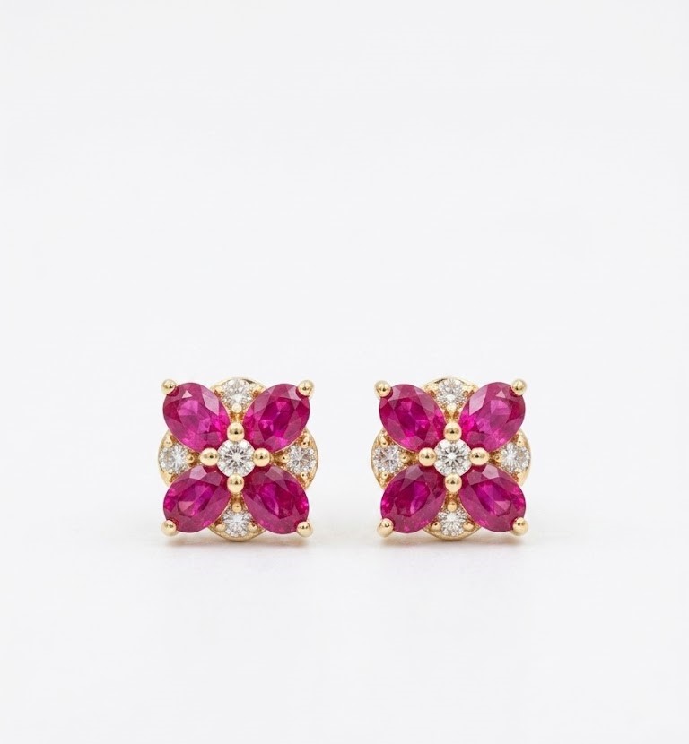 18KT Yellow Gold Diamond and Oval Ruby Earring