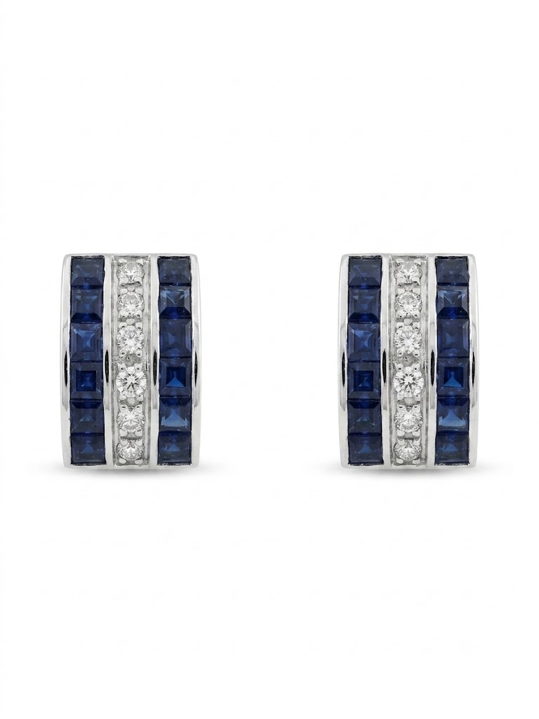 18KT White Gold Diamond and Blue Sapphires Earrings