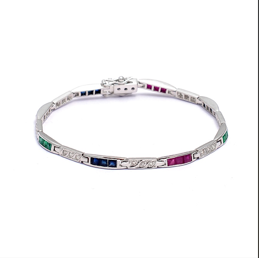 18KT White Gold Diamond and Square Multi Precious Stones Sapphire Bracelet