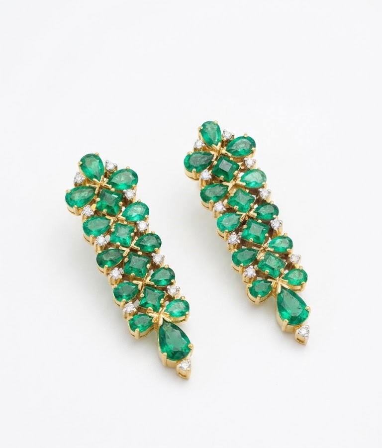 18KT Yellow Gold Diamond and Emerald Hanging Earrings