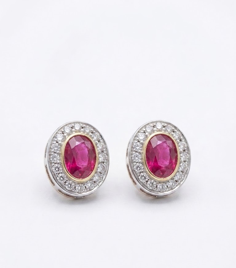 14KT Yellow Gold Diamond Cluster and Oval Ruby Earring