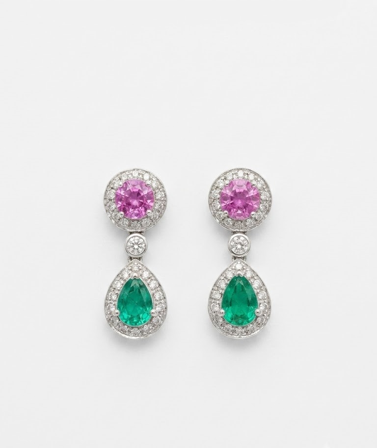 18KT White Gold Diamond and Pear Pink Sapphire and Pear Emerald Hanging Earring