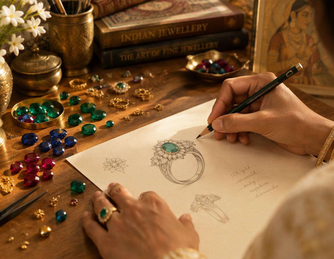 Jewellery designer sketching a ring design beside loose emeralds, sapphires and rubies