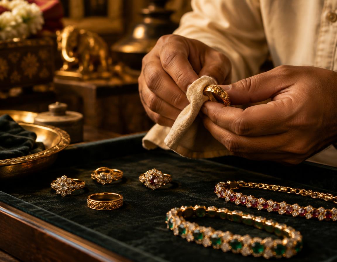 A jeweller polishing a gold band with finished rings and gemstone bracelets on a velvet tray