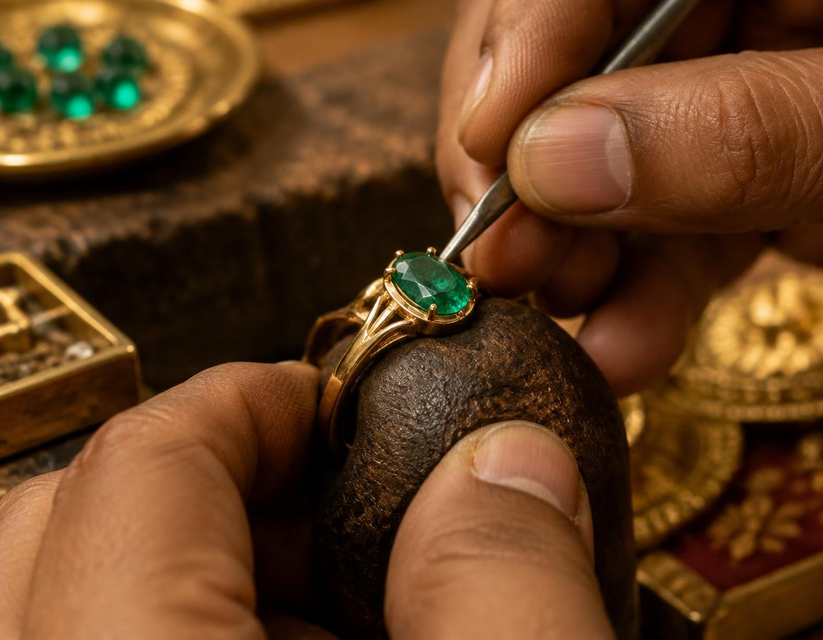 A goldsmith setting an oval emerald into an 18kt gold ring by hand